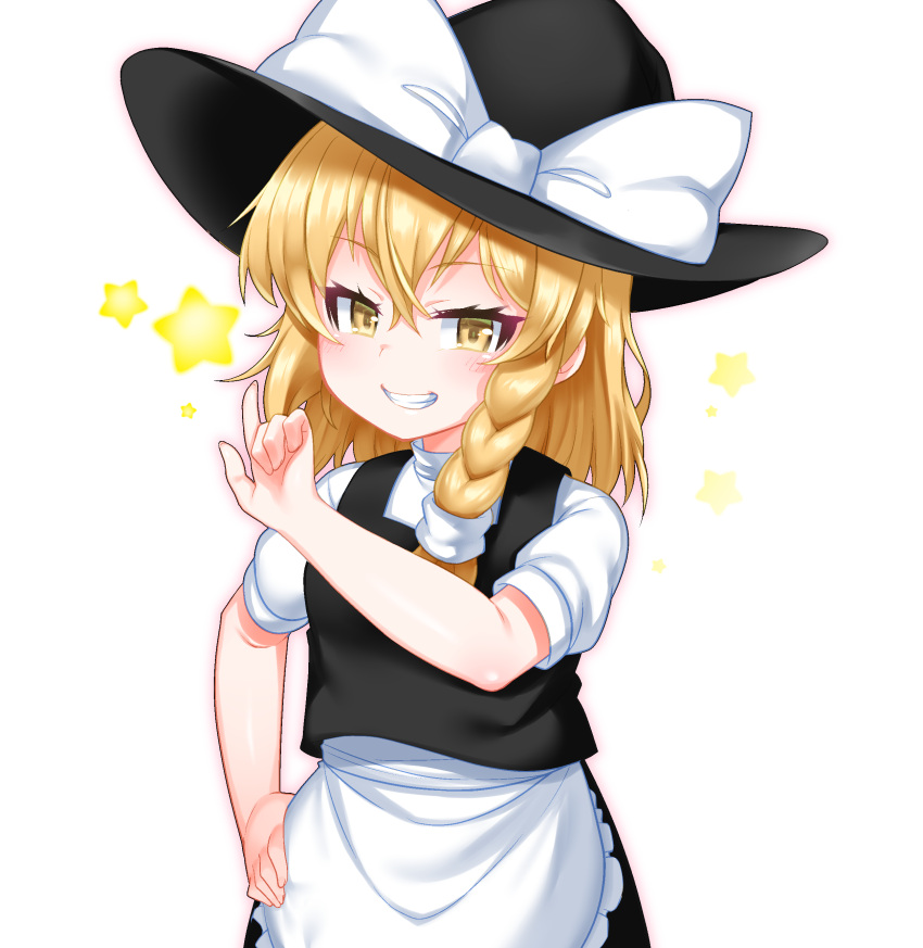 1girl absurdres apron bangs black_headwear black_skirt black_vest blonde_hair blush bow braid brown_eyes commentary_request eyebrows_visible_through_hair frilled_apron frills grin hair_between_eyes hand_on_hip hat hat_bow highres index_finger_raised kirisame_marisa kirisame_mia long_hair looking_at_viewer outline pink_outline puffy_short_sleeves puffy_sleeves shirt short_sleeves simple_background single_braid skirt smile solo star star_in_eye symbol_in_eye touhou v-shaped_eyebrows vest waist_apron white_apron white_background white_bow white_shirt witch_hat