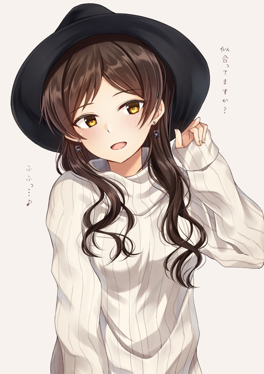 1girl :d bangs black_headwear black_rabbit brown_hair earrings eyebrows_visible_through_hair grey_background hat head_tilt highres idolmaster idolmaster_million_live! jewelry kitazawa_shiho long_hair long_sleeves musical_note open_mouth parted_bangs ribbed_sweater shiny shiny_hair simple_background smile solo sweater upper_body white_sweater yellow_eyes