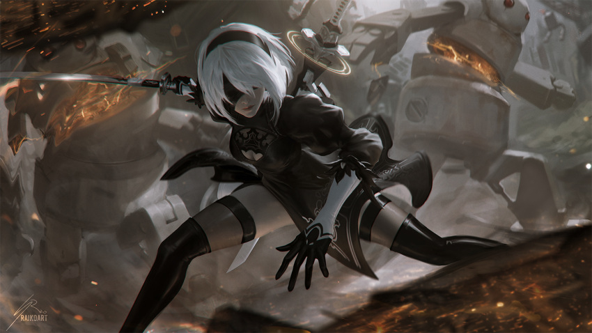 1girl bangs black_blindfold black_dress black_hairband black_legwear blindfold blurry blurry_background blurry_foreground boots breasts cleavage_cutout dress fighting fighting_stance gloves hairband juliet_sleeves katana lips long_sleeves machine medium_breasts motion_blur nier_(series) nier_automata pod_(nier_automata) puffy_sleeves raikoart robot short_hair silver_hair solo sword thigh-highs thighhighs_under_boots weapon yorha_no._2_type_b