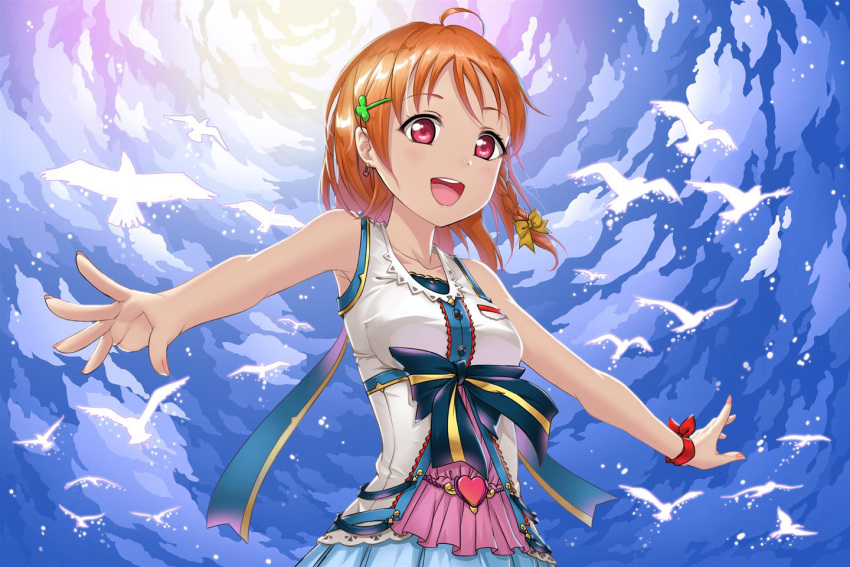 1girl :d ahoge bird blue_skirt blue_sky bow braid breasts clouds clover_hair_ornament collarbone crazypen earrings hair_bow hair_ornament heart heart_earrings jewelry love_live! love_live!_sunshine!! medium_breasts open_mouth orange_hair outstretched_arms outstretched_hand pleated_skirt red_eyes red_ribbon ribbon shiny shiny_hair shirt short_hair single_braid skirt sky sleeveless sleeveless_shirt smile solo standing takami_chika upper_body white_shirt wrist_ribbon yellow_bow