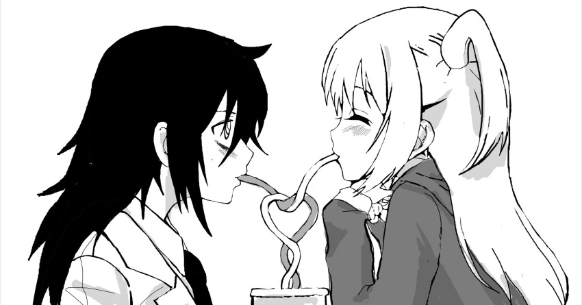 2girls black_hair blazer closed_eyes drinking_straw greyscale highres hood jacket kuroki_tomoko leaf717222 long_hair monochrome multiple_girls nemoto_hina sipping smile two_side_up watashi_ga_motenai_no_wa_dou_kangaetemo_omaera_ga_warui!