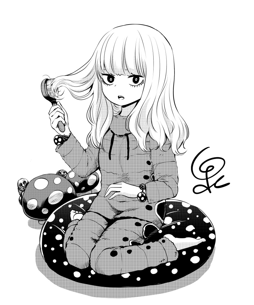 1girl absurdres full_body ghost greyscale hair_brushing highres izumi_(toubun_kata) long_hair looking_at_viewer mieruko-chan monochrome mushroom niguredou_julia open_mouth pajamas pillow signature simple_background sitting_on_pillow white_background