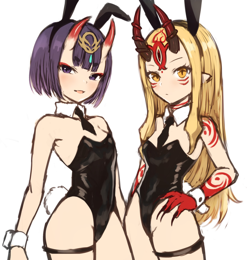 2girls animal_ears bangs bare_shoulders black_leotard black_neckwear blonde_hair bob_cut breasts bunny_tail bunnysuit closed_mouth detached_collar eyeliner facial_mark fate/grand_order fate_(series) fingernails forehead forehead_mark hair_pulled_back headpiece highres horns ibaraki_douji_(fate/grand_order) leotard long_hair looking_at_viewer makeup multiple_girls necktie oni oni_horns open_mouth pointy_ears purple_hair rabbit_ears sharp_fingernails short_eyebrows short_hair shuten_douji_(fate/grand_order) sidelocks simple_background skin-covered_horns small_breasts smile sookmo strapless strapless_leotard tail tattoo thigh_strap violet_eyes white_background wrist_cuffs yellow_eyes