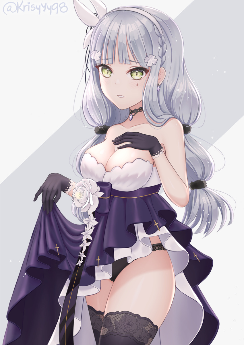 1girl assault_rifle bangs black_gloves black_legwear black_panties blue_dress blunt_bangs blush breasts choker cross_hair_ornament dress embarrassed eyebrows_visible_through_hair facial_mark flower frilled_dress frills girls_frontline gloves green_eyes gun h&amp;k_hk416 hair_flower hair_ornament highres hk416_(girls_frontline) holding_dress jewelry krisyyy large_breasts long_hair looking_at_viewer open_mouth panties rifle self_upload shy silver_hair simple_background solo teardrop thigh-highs thighs underwear weapon white_dress white_flower white_hair