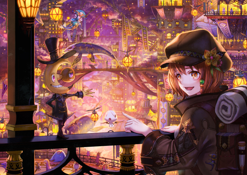 :d androgynous animal_ears backpack bag bag_charm bedroll black_headwear brown_eyes brown_hair charm_(object) cityscape fantasy flower hat hat_flower highres light long_sleeves mask open_mouth original pointing railing sho_(sumika) short_hair smile standing top_hat violet_eyes whale