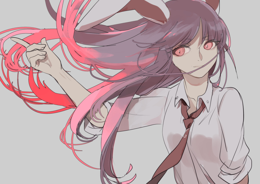 1girl animal_ears breasts collared_shirt eyebrows_visible_through_hair grey_background index_finger_raised joniko1110 long_hair looking_to_the_side medium_breasts multicolored_hair necktie outstretched_arm pink_hair purple_hair rabbit_ears red_eyes red_neckwear reisen_udongein_inaba shirt short_sleeves simple_background solo touhou two-tone_hair upper_body white_shirt wind