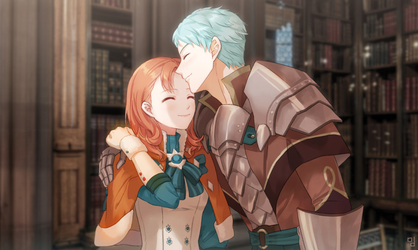 1boy 1girl annette_fantine_dominic aqua_hair armor artist_logo blue_neckwear blurry blurry_background blush bookshelf bow bowtie capelet caspar_von_bergliez closed_eyes couple dress fire_emblem fire_emblem:_three_houses fur_trim gauntlets hetero holding_hands hug indoors lips medium_hair moai_(aoh) orange_hair short_hair smile striped striped_neckwear turtleneck turtleneck_dress upper_body white_dress wristband