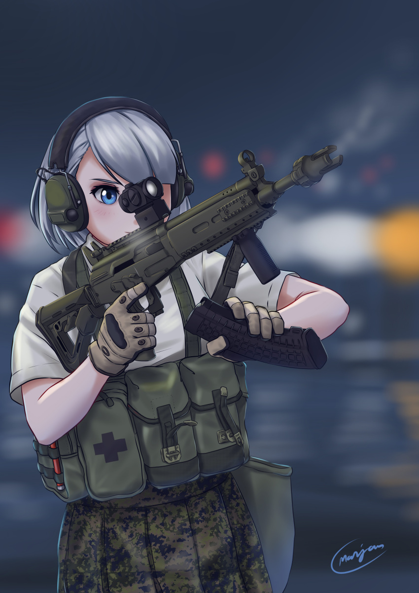 1girl absurdres assault_rifle blue_eyes blurry blurry_background camouflage commentary foregrip gloves gun headset highres holding holding_gun holding_weapon load_bearing_vest military millimeter original reloading rifle school_uniform silver_hair solo weapon weapon_request