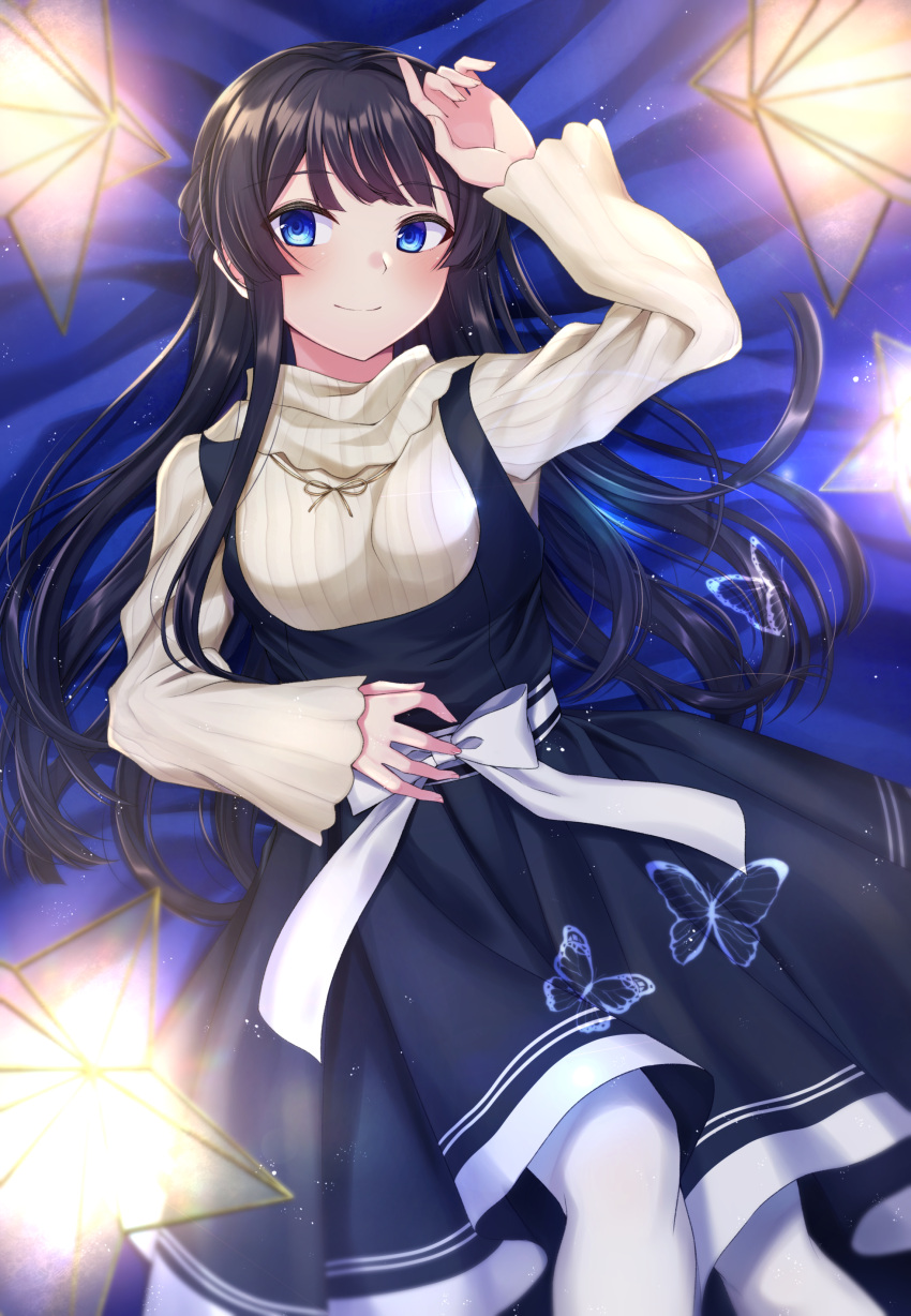 1girl absurdres bangs bed_sheet black_hair black_rabbit blue_eyes blush bow bug butterfly from_above highres idolmaster idolmaster_million_live! insect kitazawa_shiho long_hair long_sleeves looking_at_viewer lying on_back ribbed_sweater shiny shiny_hair smile solo sweater very_long_hair white_bow white_legwear white_sweater