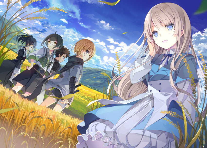 2boys 3girls :d apron bandaged_leg bandages black_hair black_scarf blonde_hair blue_eyes blue_neckwear blue_sky bow bowtie character_request closed_eyes closed_mouth clouds copyright_request day dress eyebrows_visible_through_hair field frilled_dress frills fruit_punch jacket landscape leaf long_hair long_sleeves looking_afar looking_at_viewer looking_to_the_side maid maid_apron mountain multiple_boys multiple_girls novel_illustration official_art open_mouth outdoors ponytail puffy_long_sleeves puffy_sleeves scarf short_hair short_sleeves shorts sidelocks sky smile very_long_hair