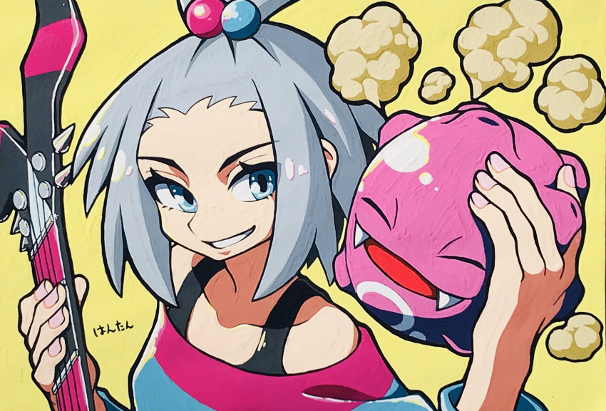 bass_guitar blue_eyes dress freckles gen_1_pokemon hair_bobbles hair_ornament hantan0111 highres homika_(pokemon) hug instrument koffing pokemon pokemon_(game) pokemon_bw2 smile smoke striped striped_dress white_hair