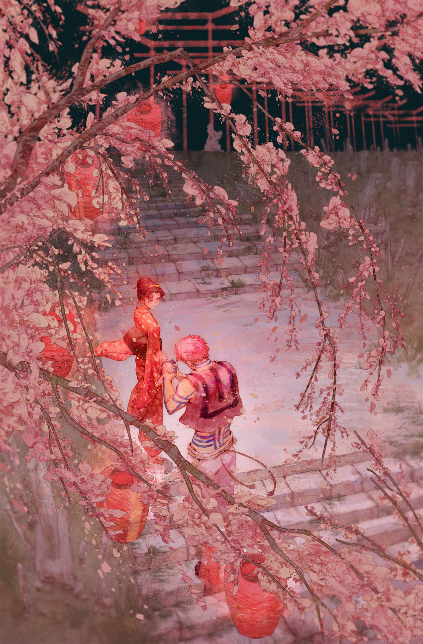 1boy 1girl absurdres akaza_(kimetsu_no_yaiba) black_hair cherry_blossoms comb commentary_request hair_ornament highres holding_hands huge_filesize japanese_clothes kanzashi kimetsu_no_yaiba kimono koyuki_(kimetsu_no_yaiba) lantern obi petals pink_hair red_kimono sash short_hair sleeveless stairs torii yukinoneko