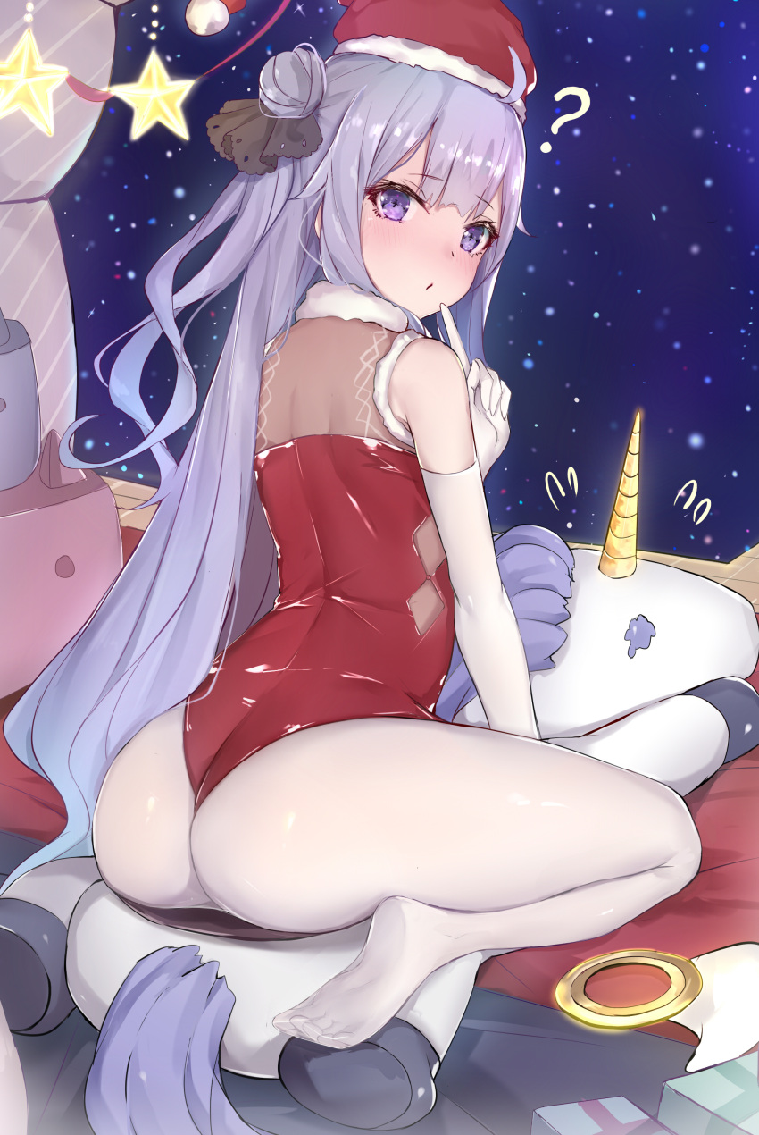 absurdres azur_lane blush box christmas commentary_request diamond_(shape) elbow_gloves finger_to_mouth full_body fur-trimmed_hat gift gift_box gloves hair_bun hair_ribbon hat highres index_finger_raised leotard long_hair looking_at_viewer looking_back no_shoes one_side_up pantyhose purple_hair red_headwear red_leotard revision ribbon riding santa_hat sherryqq side_bun side_cutout sidelocks sleeveless solo star stuffed_unicorn unicorn_(azur_lane) very_long_hair violet_eyes white_gloves white_legwear