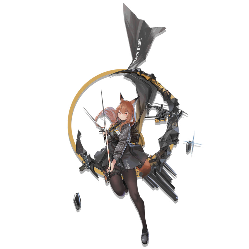 1girl animal_ears arknights bangs black_footwear breasts brown_eyes brown_gloves brown_hair brown_legwear collared_shirt combat_knife drone dual_wielding elite_ii_(arknights) floating_hair fox_ears fox_tail franka_(arknights) full_body gloves grey_shirt grey_skirt gun handgun high-waist_skirt high_heels highres holding holding_sword holding_weapon knife large_breasts long_hair looking_at_viewer name_tag official_art pistol radio_antenna rapier renatus.z running shirt sidelocks skirt snap-fit_buckle solo striped striped_shirt sword tail thigh_strap transparent_background weapon