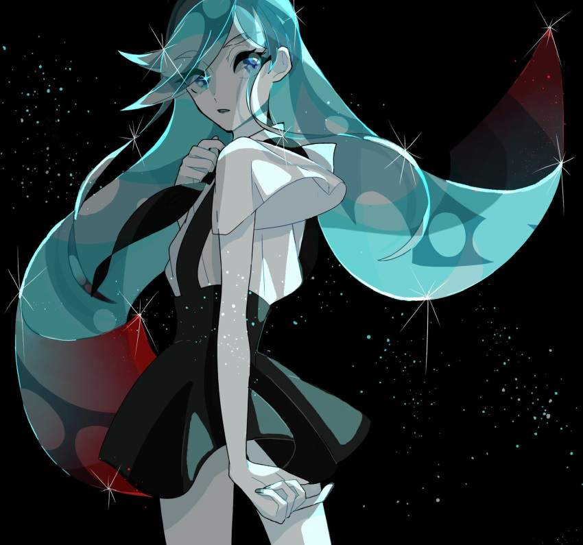 1other 8zikan_netai alexandrite_(houseki_no_kuni) androgynous aqua_hair bangs black_background black_clothes black_neckwear black_skirt blue_eyes blue_hair blue_nails commentary_request eyebrows_visible_through_hair eyes_visible_through_hair from_behind gem_uniform_(houseki_no_kuni) hair_between_eyes hand_on_own_chest highres houseki_no_kuni long_hair looking_at_viewer looking_back multicolored_hair nail_polish necktie neckwear pale_skin parted_lips redhead shirt short_sleeves simple_background skirt solo sparkle standing surprised thick_eyebrows two-tone_hair uniform very_long_hair white_shirt white_skin