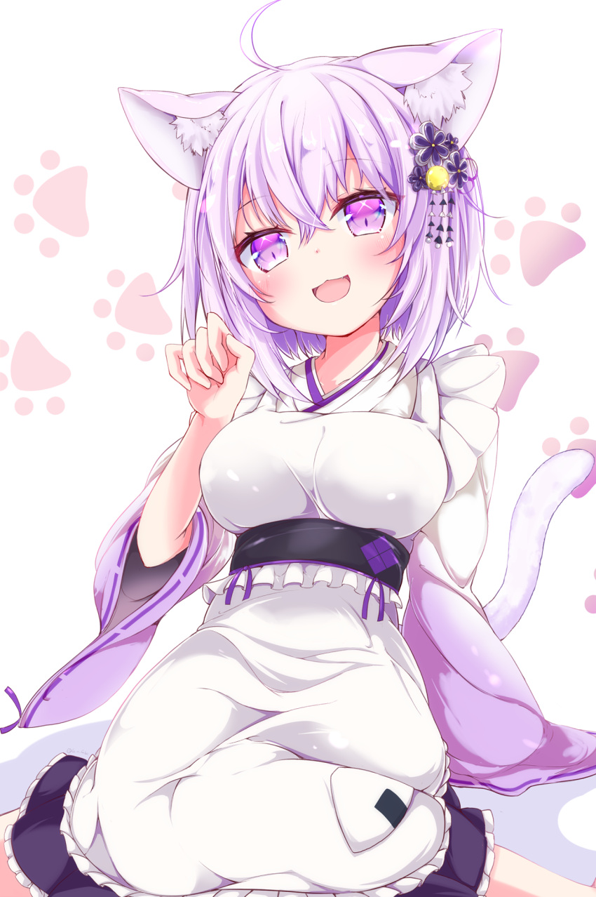 1girl ahoge animal_ear_fluff animal_ears apron bangs blush breasts cat_ears cat_girl cat_tail feet_out_of_frame highres hololive large_breasts long_sleeves looking_at_viewer maid_headdress nanaume_(shichimi_tougarashi) nekomata_okayu obi open_mouth paw_pose purple_hair sash short_hair sitting smile solo tail violet_eyes virtual_youtuber wa_maid wide_sleeves