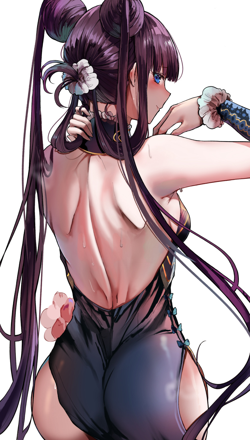 1girl absurdres back backless_dress backless_outfit bangs bare_back bare_shoulders black_dress blue_eyes blunt_bangs blush breasts china_dress chinese_clothes closed_mouth detached_sleeves double_bun dress fate/grand_order fate_(series) hair_ornament highres large_breasts long_hair looking_at_viewer looking_back purple_hair sak_(lemondisk) sidelocks simple_background smile solo twintails very_long_hair white_background yang_guifei_(fate/grand_order)