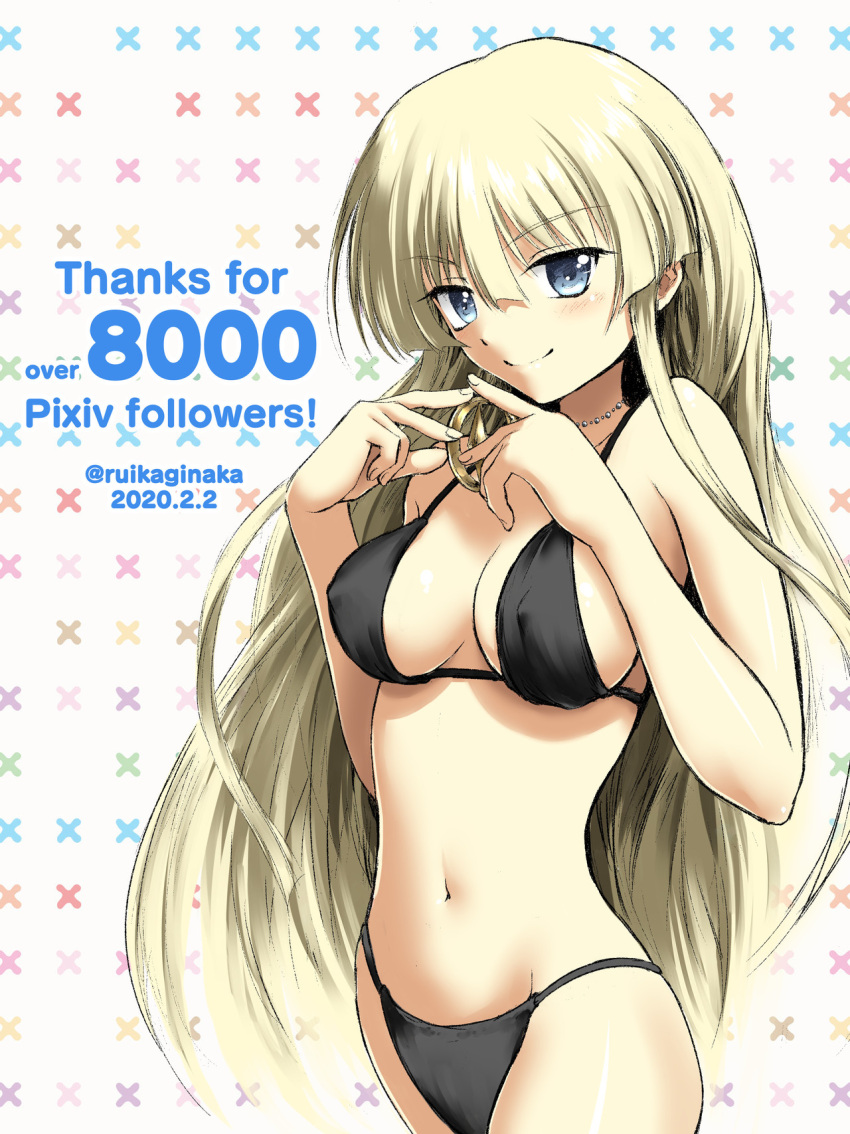 1girl bikini black_bikini blonde_hair blue_eyes breasts commentary_request cowboy_shot dated english_text followers highres jewelry kaginaka_rui long_hair looking_at_viewer medium_breasts necklace original smile solo standing swimsuit twitter_username white_background