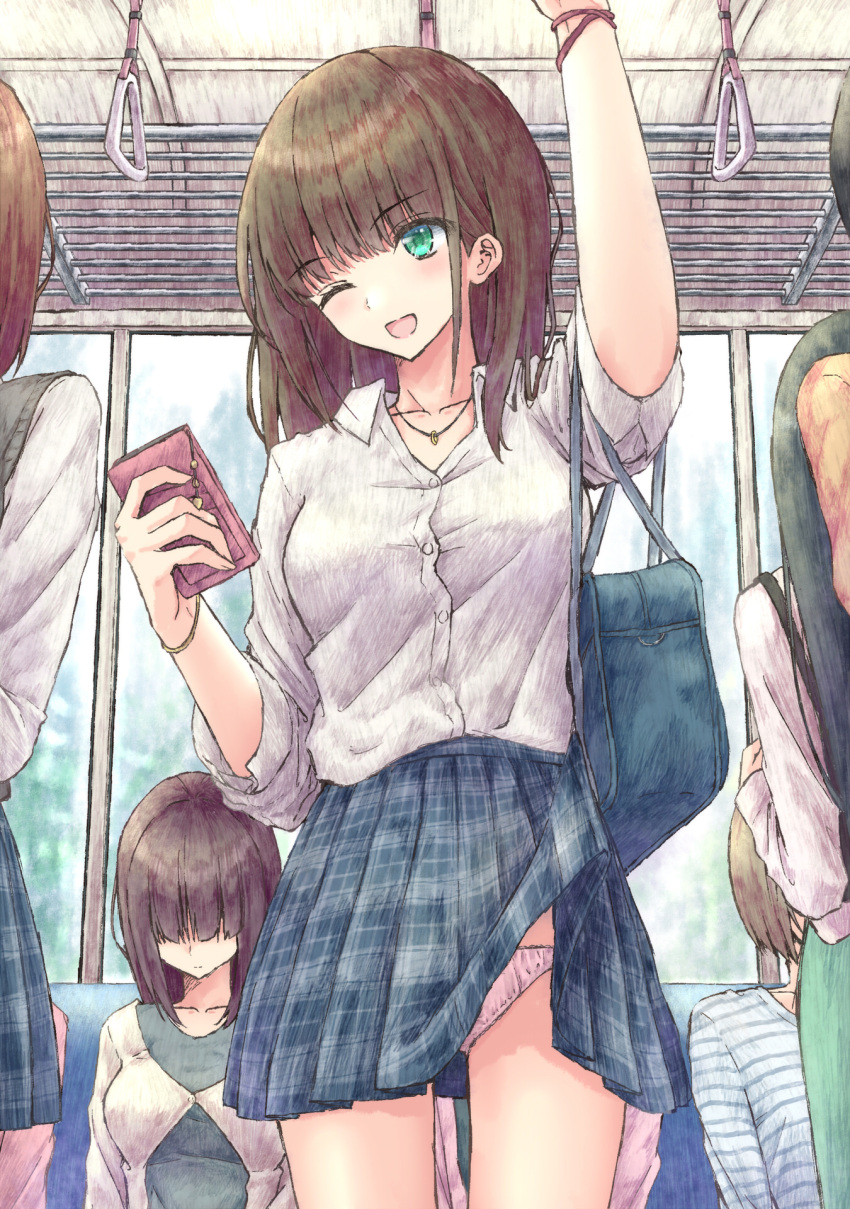 5girls accidental_exposure aramachi bag bracelet brown_hair cellphone commentary_request green_eyes ground_vehicle highres holding holding_phone jewelry long_hair multiple_girls necklace one_eye_closed original panties pantyshot phone pink_panties school_bag school_uniform smartphone solo_focus train train_interior underwear