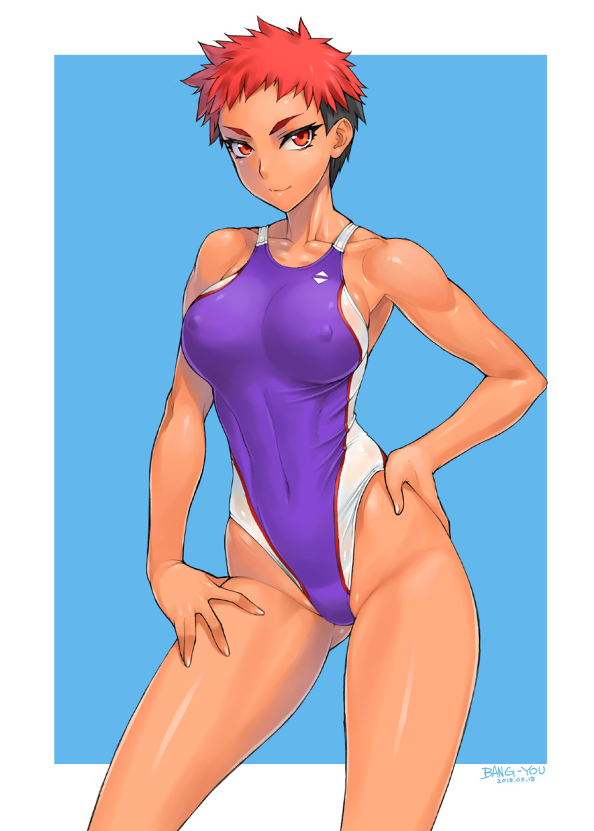 1girl artist_name bang-you black_hair blue_background commentary_request competition_swimsuit contrapposto covered_navel covered_nipples cowboy_shot dated hand_on_hip highleg highleg_swimsuit highres looking_at_viewer multicolored_hair one-piece_swimsuit original purple_swimsuit red_eyes redhead solo swimsuit swimsuit_under_clothes tan two-tone_background two-tone_hair white_background