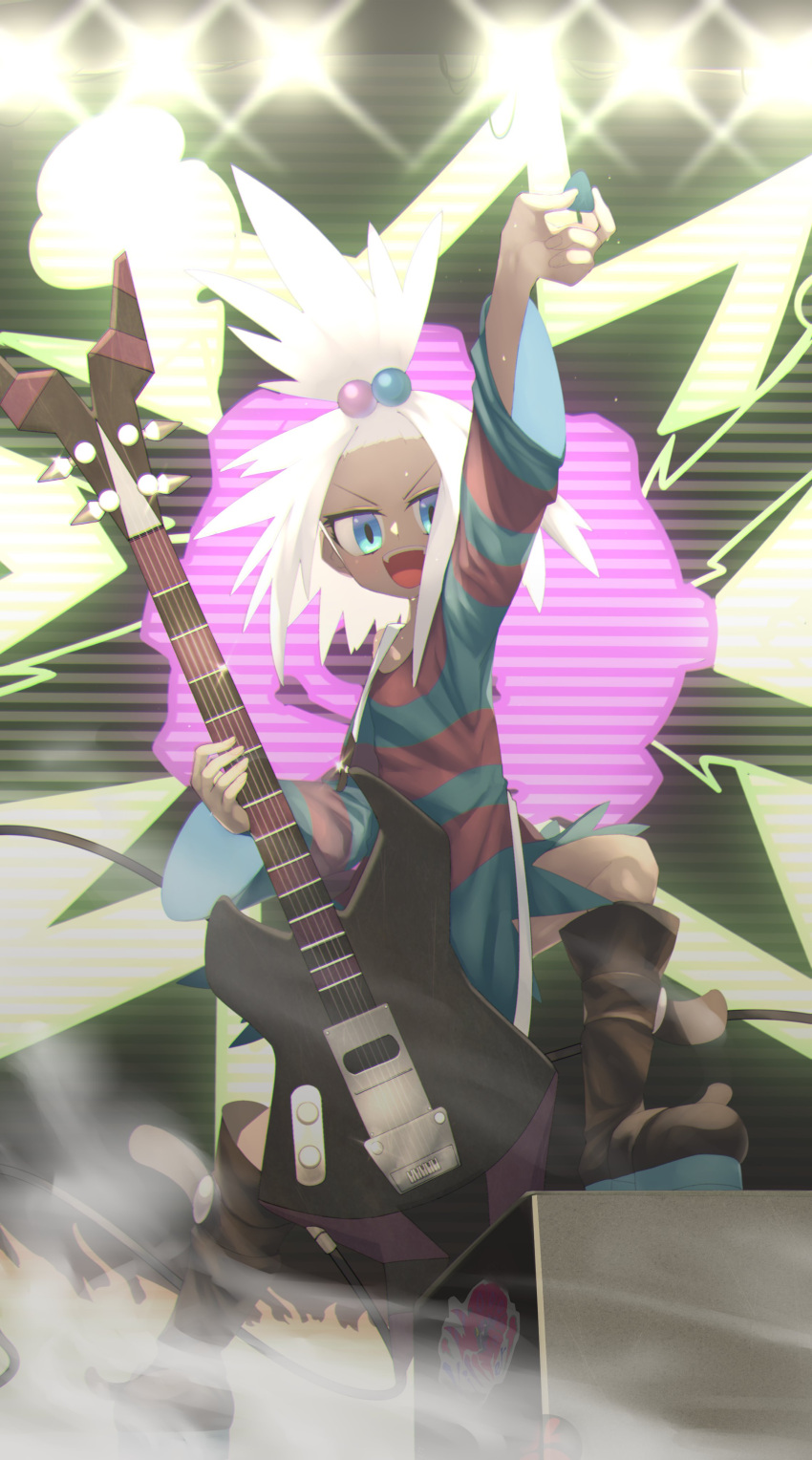 1girl absurdres bass_guitar blue_eyes boots dress forehead hair_bobbles hair_ornament highres homika_(pokemon) instrument looking_at_viewer plectrum pokemon pokemon_(game) pokemon_bw2 shouting smoke solo stage stage_lights striped striped_dress tab_(ltlitvz7) white_hair