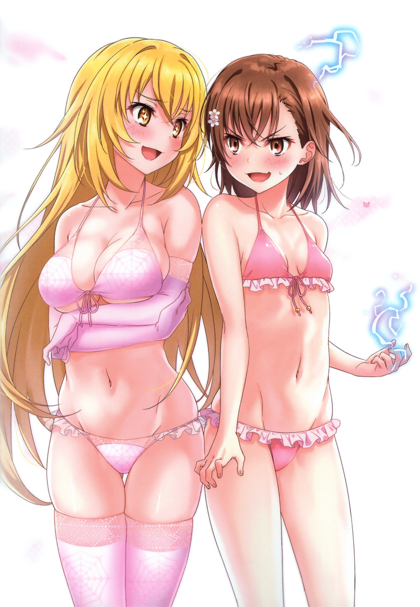 2girls absurdres arms_under_breasts bangs bikini blonde_hair blush breast_envy breasts brown_eyes brown_hair collarbone crossed_arms elbow_gloves electricity eyebrows_visible_through_hair frilled_bikini frills front-tie_bikini front-tie_top gloves hair_ornament highres huge_filesize large_breasts looking_at_another misaka_mikoto multiple_girls navel open_mouth pink_bikini puma_(hyuma1219) scan shokuhou_misaki short_hair small_breasts smile star star-shaped_pupils stomach swimsuit symbol-shaped_pupils thigh-highs to_aru_kagaku_no_railgun to_aru_majutsu_no_index v-shaped_eyebrows yellow_eyes
