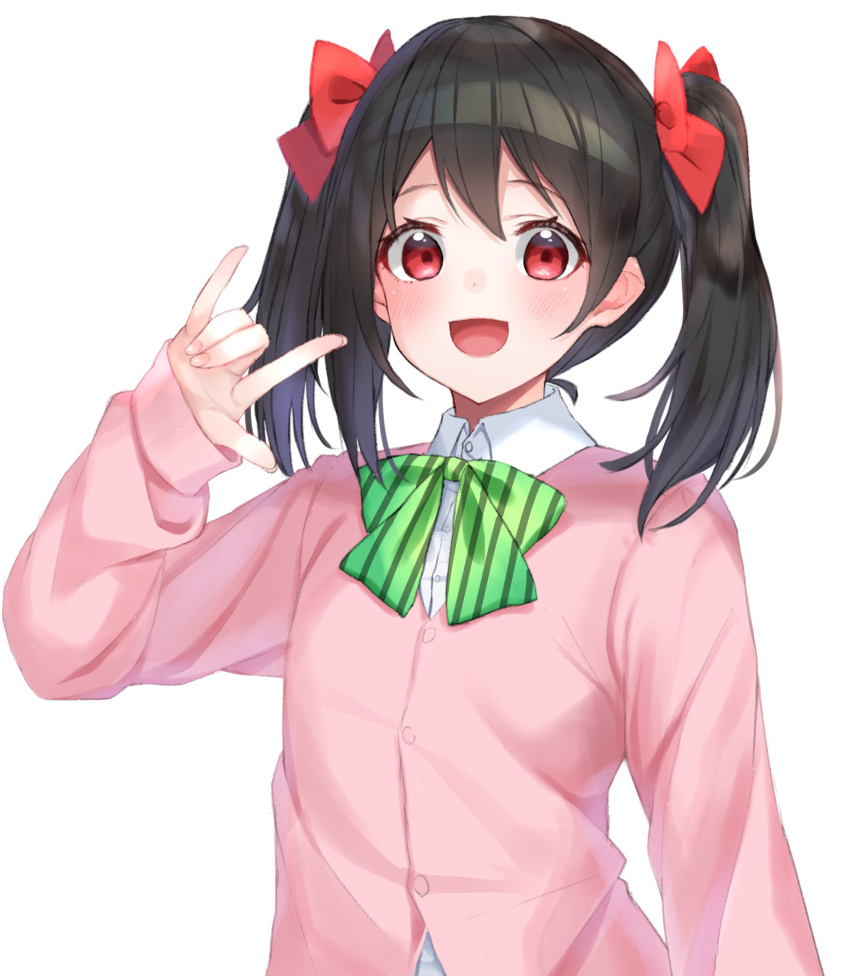 1girl :d \n/ bangs black_hair blush bow cardigan collared_shirt commentary_request diagonal-striped_bow dress_shirt eyebrows_visible_through_hair fingernails green_bow hair_between_eyes hair_bow hand_up hashiko_nowoto highres love_live! love_live!_school_idol_project open_mouth parted_bangs pink_cardigan red_bow red_eyes shirt simple_background smile solo striped striped_bow twintails upper_body white_background white_shirt yazawa_nico