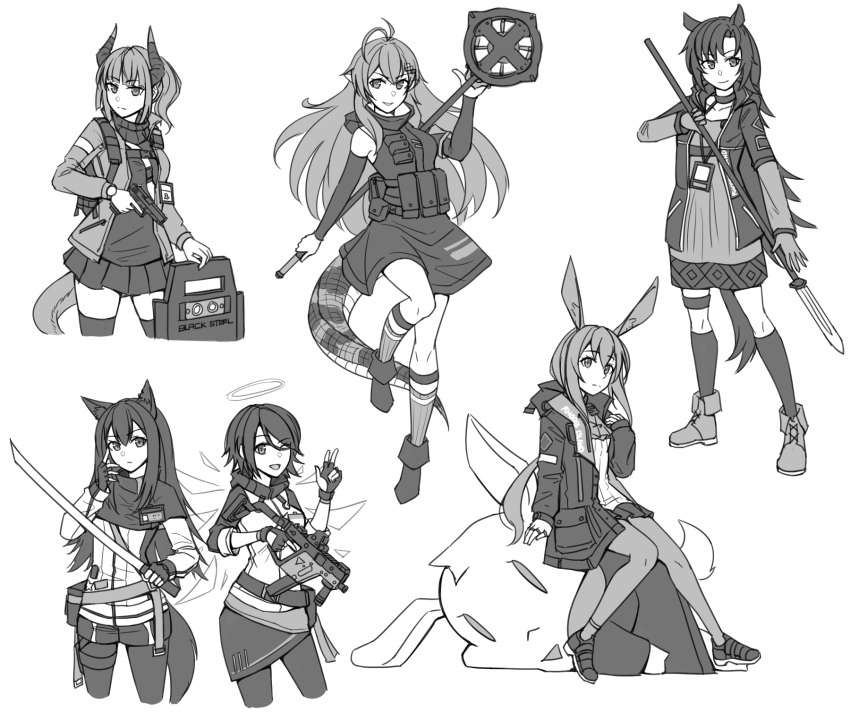 6+girls ;d amiya_(arknights) animal_ears antenna_hair arknights arm_warmers bangs bare_shoulders boots closed_mouth crocodile_tail cropped_legs curled_horns detached_wings dress exusiai_(arknights) eyebrows_visible_through_hair fang_(arknights) fingerless_gloves gavial_(arknights) gloves greyscale gun hair_between_eyes halo hand_up handgun highres holding holding_gun holding_staff holding_sword holding_weapon hood hood_down hooded_jacket horns jacket jewelry kneehighs kriss_vector liskam_(arknights) long_hair long_sleeves monochrome multiple_girls ndtwofives one_eye_closed open_clothes open_jacket open_mouth pantyhose pistol pleated_skirt polearm ponytail rabbit_ears ring riot_shield shirt shoes short_over_long_sleeves short_sleeves simple_background sitting skirt sleeveless sleeveless_shirt sleeves_past_wrists smile spear staff standing standing_on_one_leg stuffed_animal stuffed_bunny stuffed_toy submachine_gun sword tail texas_(arknights) very_long_hair weapon white_background wings