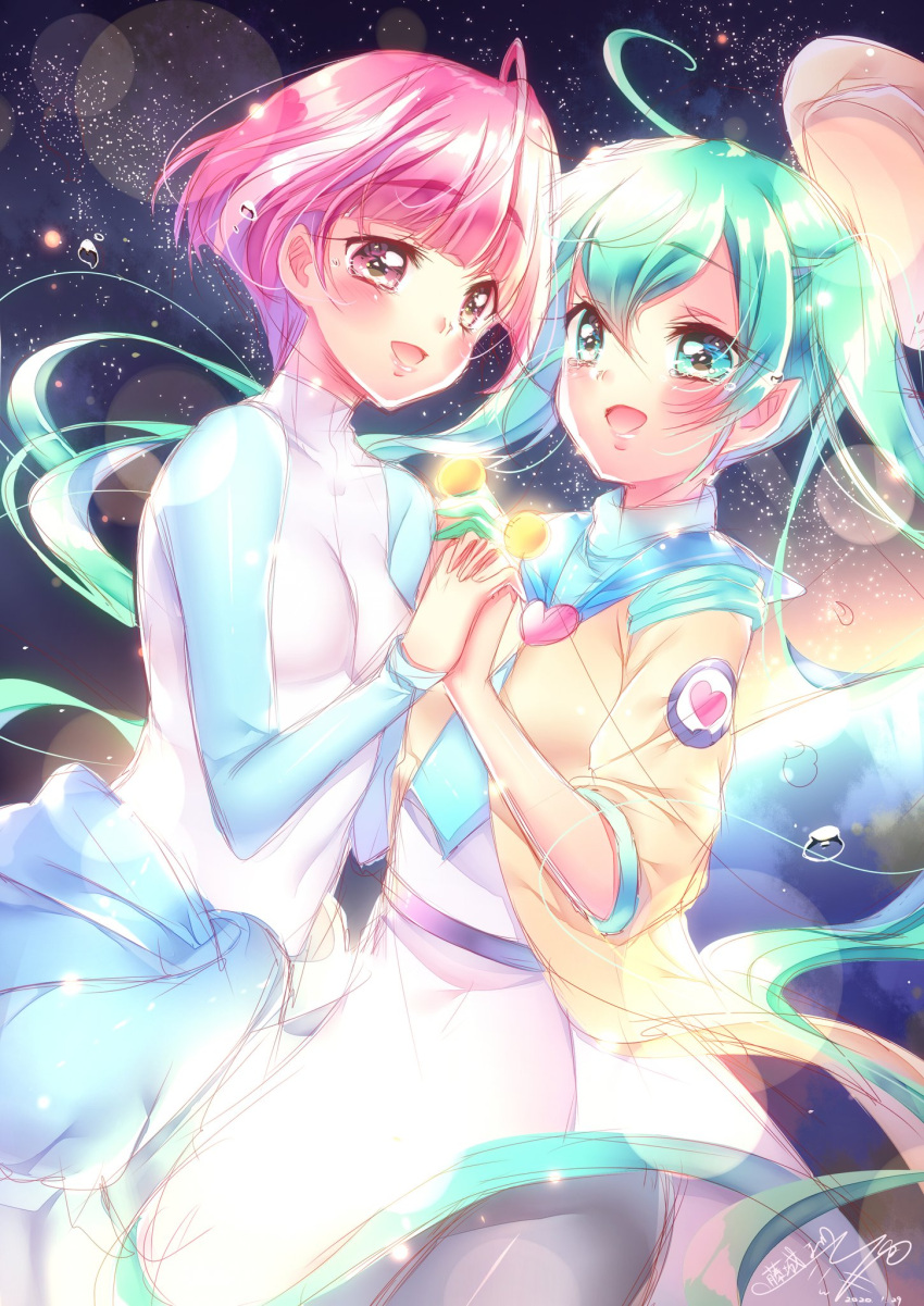 2girls ahoge antennae aqua_eyes aqua_hair astronaut beret blush bodysuit commentary_request crying dated dress floating floating_hair floating_hat gloves hagoromo_lala hair_between_eyes happy_tears hat heart heart_print highres holding_hands hoshina_hikaru interlocked_fingers jacket lens_flare long_hair long_sleeves looking_at_another multiple_girls open_mouth pantyhose pink_eyes pink_hair pointy_ears precure short_hair signature single_glove sketch skin_tight smile space spacesuit spoilers star_(sky) star_twinkle_precure sun tears touki_matsuri twintails yellow_jacket zero_gravity