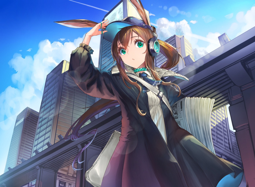 1girl amiya_(arknights) animal_ears aqua_choker arknights arm_up ascot baseball_cap black_coat blue_headwear blue_neckwear blue_sky book bridge brown_hair building city clouds commentary_request condensation_trail cowboy_shot day from_below greyscale hand_on_headwear hat headpiece jewelry lens_flare long_hair long_sleeves looking_at_viewer looking_down monochrome newspaper open_book outdoors parted_lips ponytail rabbit_ears ring shirt sidelocks sky solo white_shirt yuu_kisetu_bi