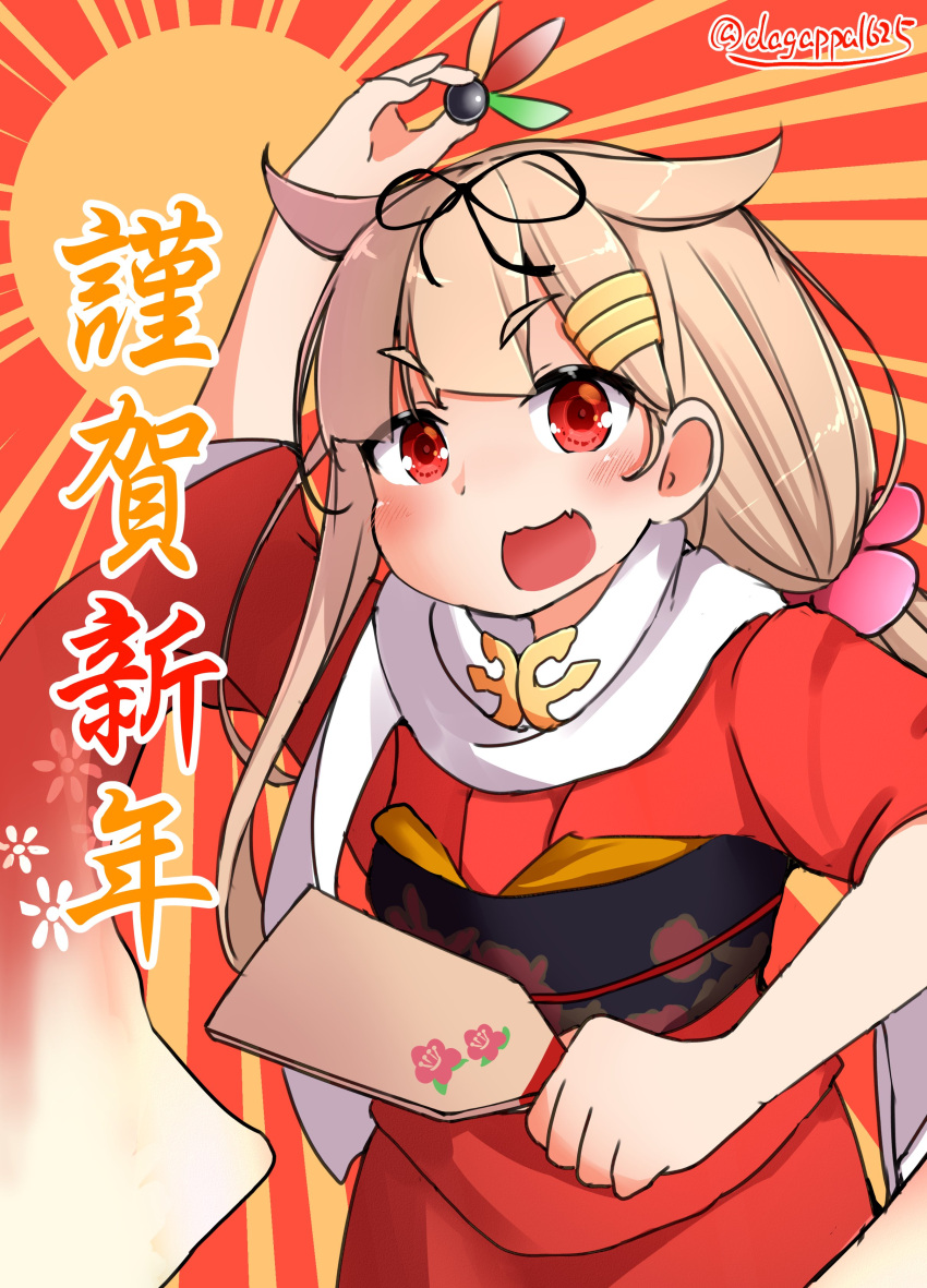 1girl absurdres black_ribbon blonde_hair commentary_request dagappa fang hagoita hair_flaps hair_ornament hair_ribbon hairclip hanetsuki highres japanese_clothes kantai_collection kimono long_hair looking_at_viewer new_year paddle red_eyes red_kimono remodel_(kantai_collection) ribbon scarf skin_fang smile solo sun sunburst sunburst_background two-tone_background white_scarf yuudachi_(kantai_collection)
