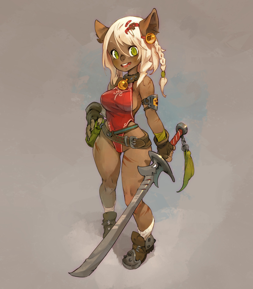 1girl animal_ear_fluff animal_ears bandaged_wrist bangs bell bell_collar bell_earrings belt belt_pouch blonde_hair braid breasts cat_ears collar dark_skin dofus earrings fingerless_gloves gloves green_eyes hair_ornament hairclip highleg highleg_leotard highres holding holding_sword holding_weapon jewelry jingle_bell leotard medium_breasts no_bra parted_lips pouch red_leotard scar scimitar side_braid sideboob skull_hair_ornament smile solo swept_bangs sword tassel wakfu weapon xavier_houssin