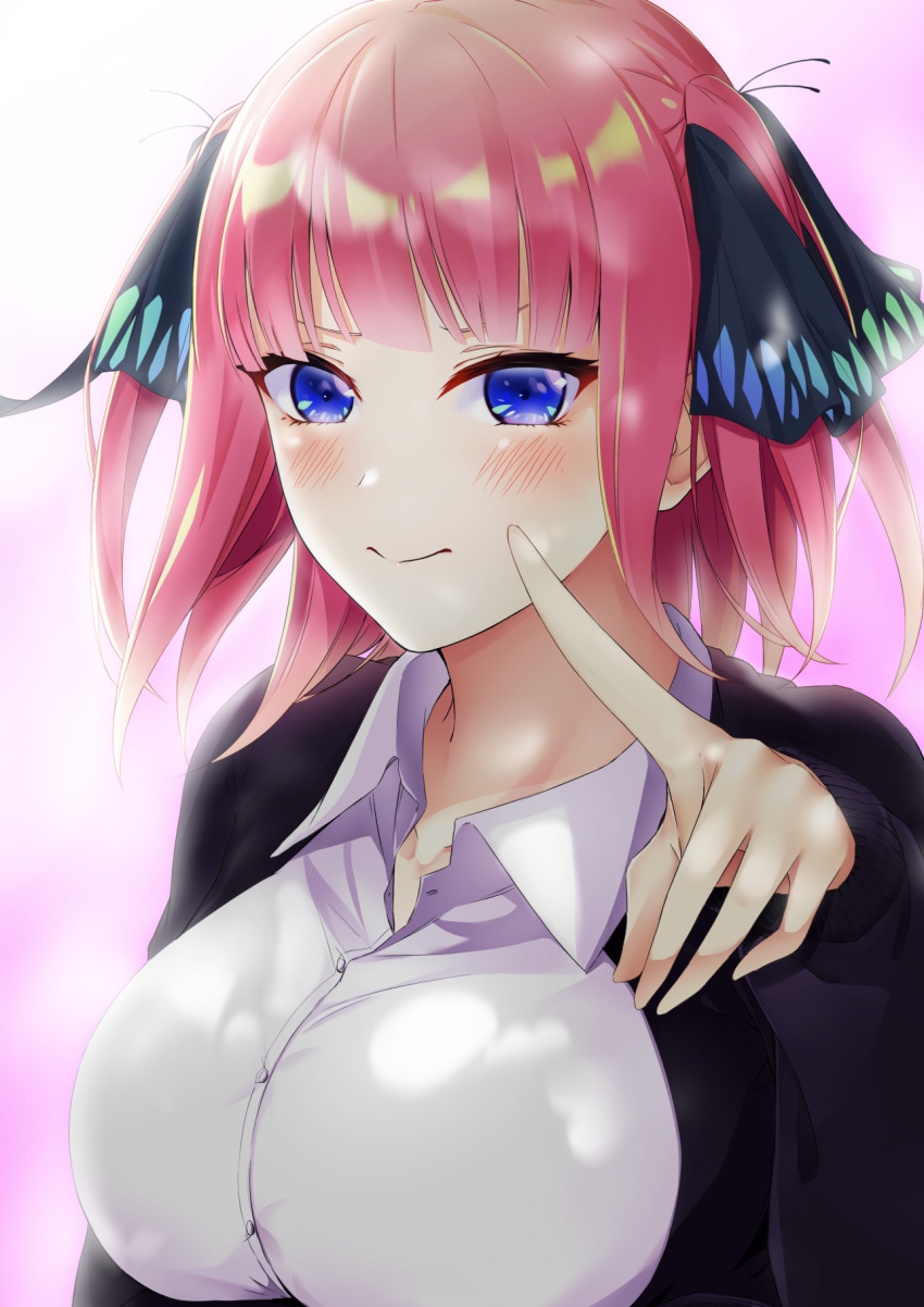 1girl bangs black_cardigan blue_eyes blush breasts cardigan closed_mouth collared_shirt dress_shirt floating_hair go-toubun_no_hanayome hair_ornament highres index_finger_raised large_breasts long_hair long_sleeves looking_at_viewer nakano_nino open_cardigan open_clothes pink_hair school_uniform shiny shiny_hair shirt smile solo two_side_up upper_body white_shirt wing_collar yumemo