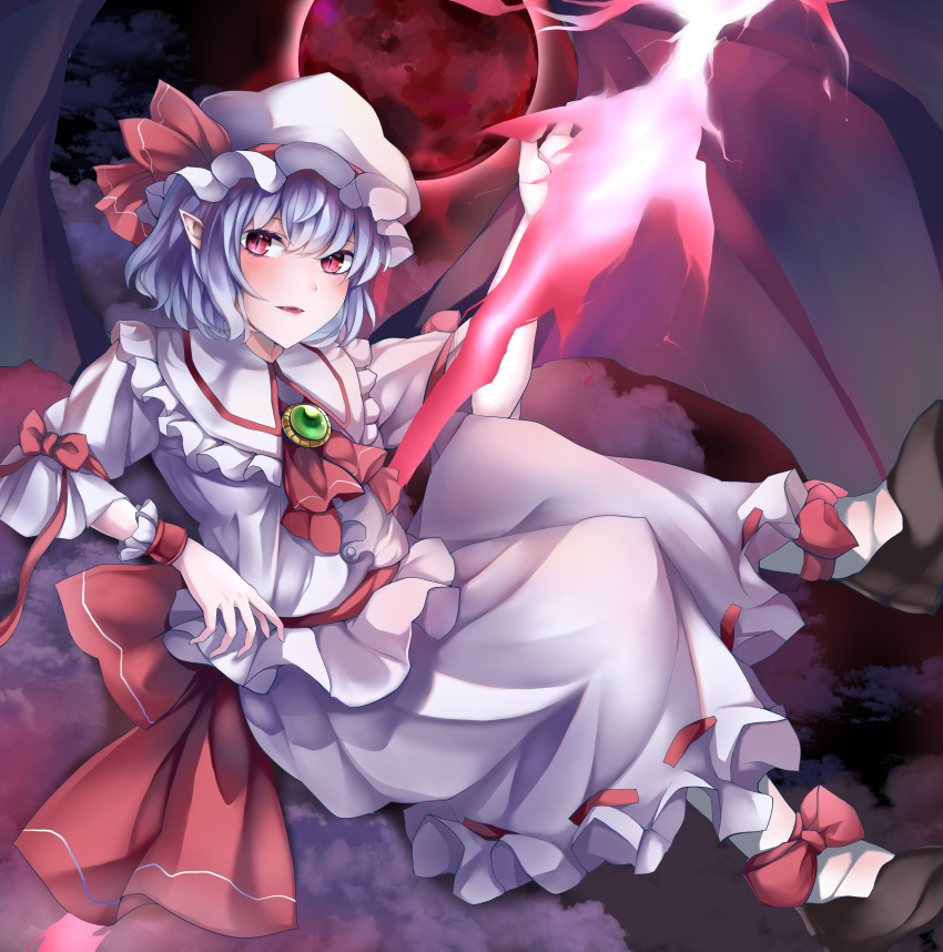 1girl absurdres bat_wings blush bow brooch cravat fangs frilled_shirt_collar frills hat hat_ribbon highres jewelry koizumo light_blue_hair mob_cap parted_lips pointy_ears red_bow red_eyes remilia_scarlet ribbon ribbon_trim shirt short_hair short_sleeves skirt slit_pupils solo spear_the_gungnir touhou white_shirt white_skirt wings wrist_cuffs
