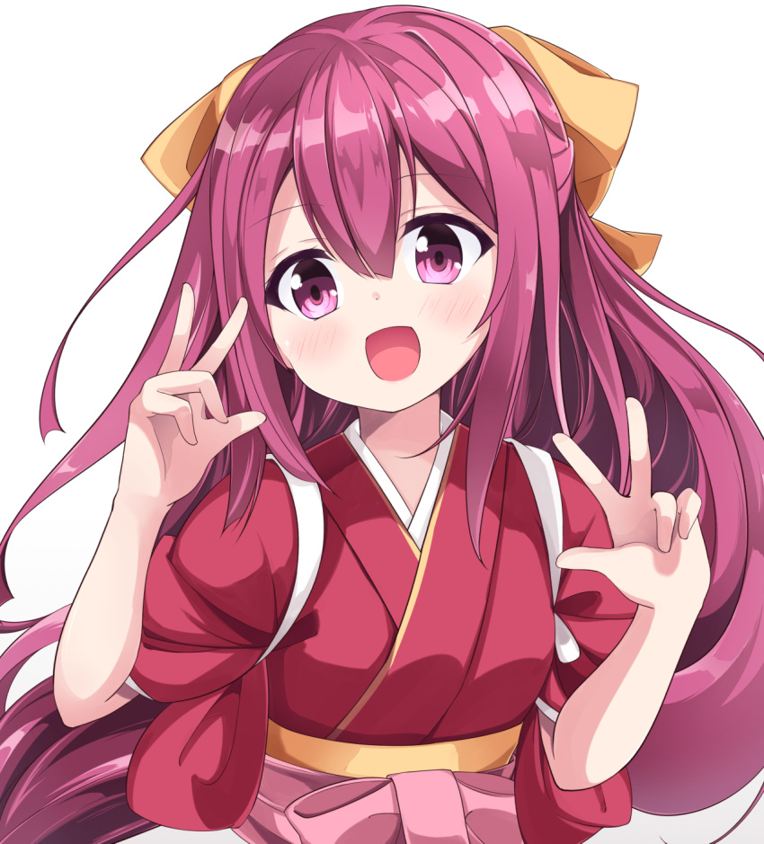 1girl acchii_(akina) bow commentary_request double_v gradient_hair hair_bow highres japanese_clothes kamikaze_(kantai_collection) kantai_collection kimono long_hair looking_at_viewer meiji_schoolgirl_uniform multicolored_hair purple_hair red_kimono simple_background smile solo tasuki v violet_eyes white_background yellow_bow