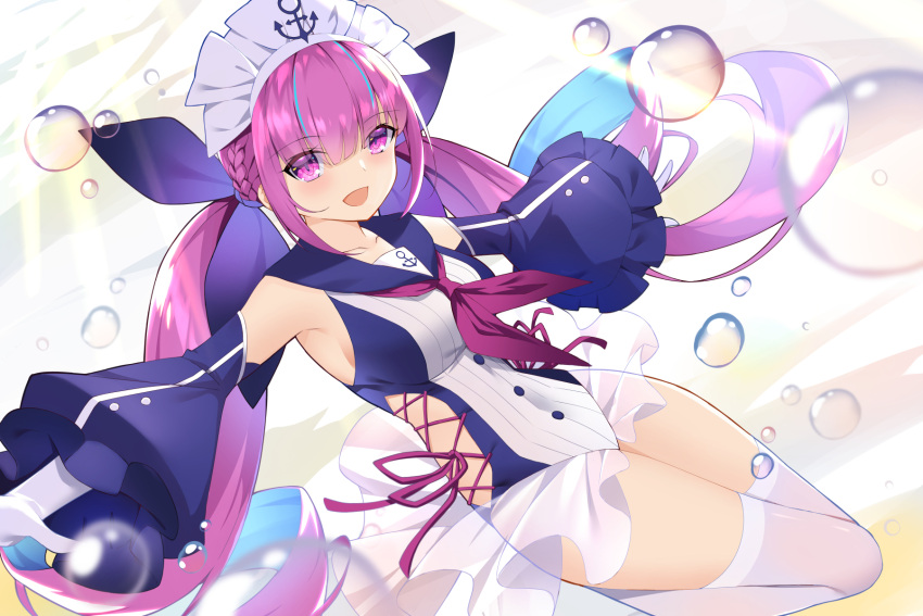 1girl azur_lane bangs blue_ribbon blue_sailor_collar breasts collarbone commentary crossover eyebrows_visible_through_hair gloves hair_ribbon highres hololive looking_at_viewer maid_headdress medium_breasts minato_aqua multicolored_hair neckerchief open_mouth puffy_sleeves purple_hair purple_neckwear ribbon rx7649 sailor_collar sidelocks smile solo streaked_hair thigh-highs thighs twintails violet_eyes virtual_youtuber white_gloves white_legwear