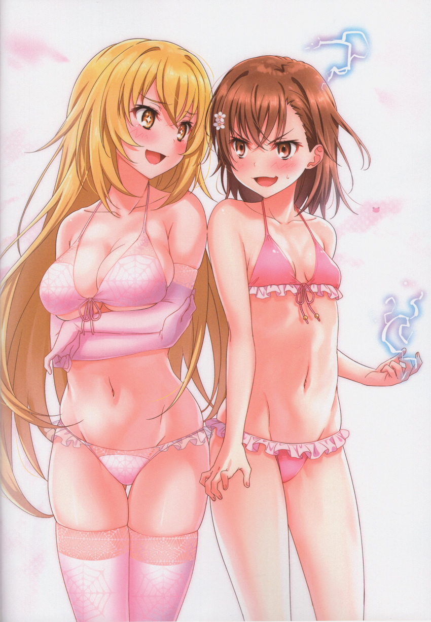 2girls absurdres anger_vein angry arms_under_breasts bangs bikini blonde_hair blush breast_envy breasts brown_eyes brown_hair collarbone crossed_arms elbow_gloves electricity eyebrows_visible_through_hair frilled_bikini frills front-tie_bikini front-tie_top gloves hair_ornament highres huge_filesize large_breasts looking_at_another misaka_mikoto multiple_girls navel open_mouth pink_bikini puma_(hyuma1219) scan shokuhou_misaki short_hair small_breasts smile star star-shaped_pupils stomach swimsuit symbol-shaped_pupils thigh-highs to_aru_kagaku_no_railgun to_aru_majutsu_no_index twitter_username v-shaped_eyebrows yellow_eyes