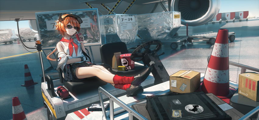 1girl absurdres aircraft airplane airport arknights bare_shoulders bendy_straw black_footwear black_shorts box brown_eyes brown_hair cardboard_box closed_mouth croissant_(arknights) crossed_legs cup day disposable_cup drinking_straw even_(17245601) gloves half-closed_eye hand_up highres holding holding_cup horns jacket long_hair looking_at_viewer low_ponytail off_shoulder open_clothes open_jacket outdoors ponytail red_legwear see-through shoe_soles shoes short_shorts short_sleeves shorts sitting socks solo striped suitcase sunglasses tank_top traffic_cone uneven_eyes vertical-striped_shorts vertical_stripes very_long_hair visor_cap white_gloves white_jacket white_tank_top wide_sleeves