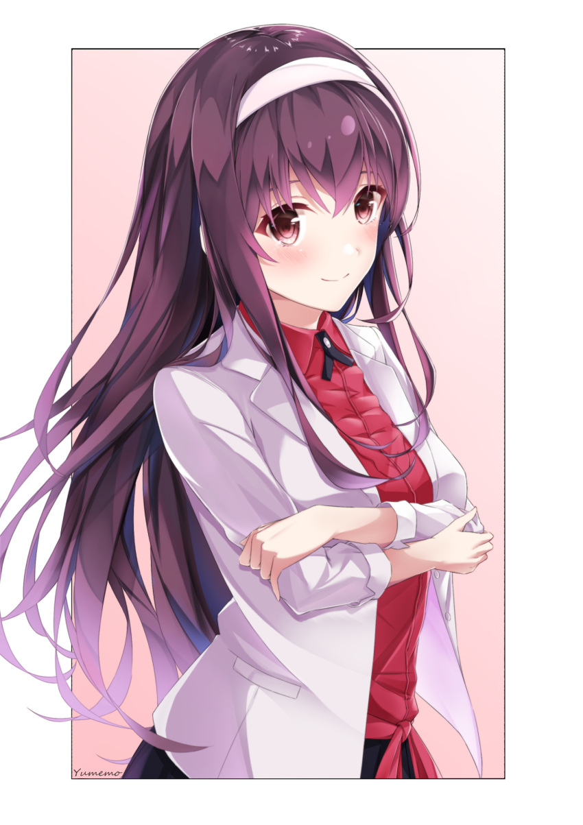 1girl artist_name bangs blazer blush brown_hair closed_mouth collared_shirt crossed_arms dress_shirt hair_between_eyes hairband highres jacket kasumigaoka_utaha long_hair long_sleeves looking_at_viewer open_blazer open_clothes open_jacket red_eyes red_shirt saenai_heroine_no_sodatekata shiny shiny_hair shirt smile solo very_long_hair white_background white_hairband white_jacket wing_collar yumemo