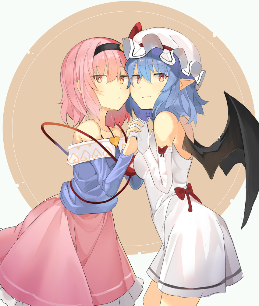 2girls adapted_costume bangs bare_shoulders bat_wings black_hairband blue_hair blue_shirt blush breasts cheek-to-cheek circle commentary_request cowboy_shot dress elbow_gloves eyebrows_visible_through_hair from_side gloves hair_between_eyes hairband hand_up hat hat_ribbon highres holding_hands komeiji_satori light_smile long_sleeves looking_at_viewer medium_breasts mob_cap multiple_girls off-shoulder_shirt off_shoulder petticoat pink_eyes pink_hair pink_skirt pointy_ears red_eyes red_ribbon remilia_scarlet ribbon rin_falcon shirt short_dress short_hair sidelocks skirt standing third_eye touhou white_background white_dress white_gloves white_headwear wings