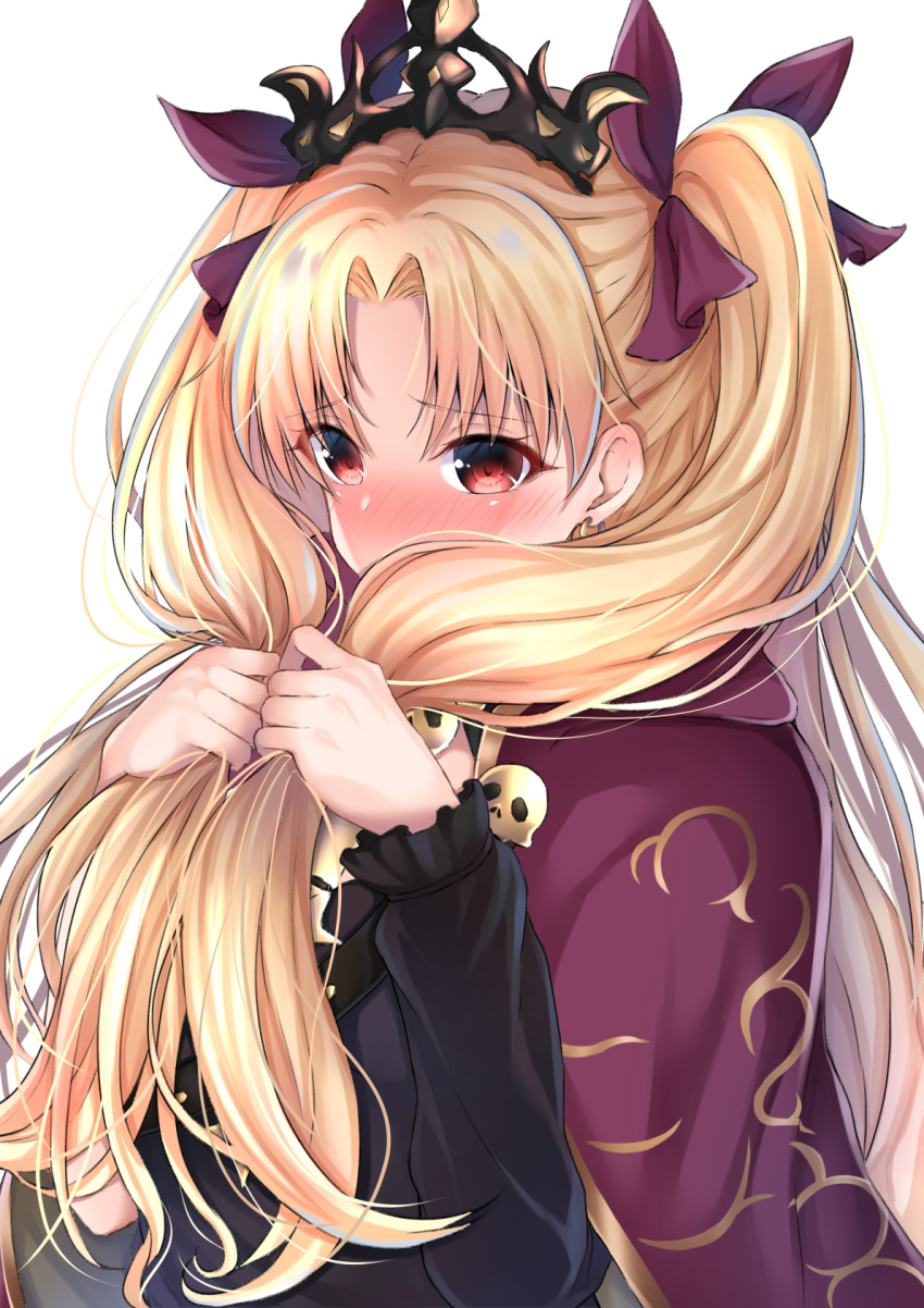 1girl bangs blonde_hair blush bow cape commentary_request embarrassed ereshkigal_(fate/grand_order) eyebrows_visible_through_hair fate/grand_order fate_(series) hair_bow highres holding holding_hair long_hair long_sleeves looking_at_viewer nakaji_(user_snap3353) nose_blush parted_bangs purple_bow purple_cape red_eyes simple_background skull solo tiara two_side_up upper_body very_long_hair white_background