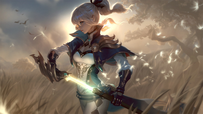 1girl backlighting bangs blonde_hair blue_eyes breasts capelet closed_mouth clouds coattails duplicate floating_hair gauntlets genshin_impact glowing glowing_weapon grass hair_between_eyes hair_ribbon high_collar highres holding holding_sword holding_weapon jacket jean_gunnhildr long_hair looking_afar medium_breasts official_art outdoors pants ponytail popped_collar raikoart ribbon sheath sidelocks solo sunlight sword unsheathing weapon wind