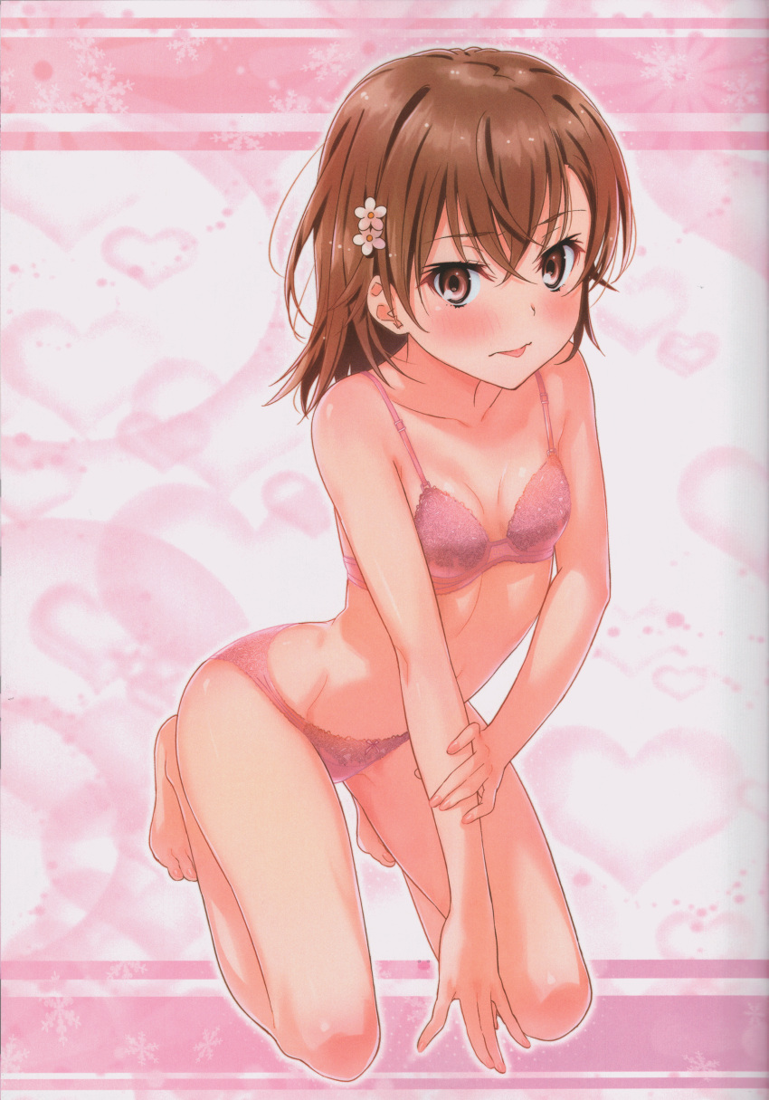 1girl absurdres bare_shoulders blush bra breasts brown_eyes brown_hair flower hair_flower hair_ornament highres kneeling looking_at_viewer misaka_mikoto panties pink_bra pink_panties puma_(hyuma1219) scan short_hair small_breasts solo to_aru_kagaku_no_railgun to_aru_majutsu_no_index tongue tongue_out underwear