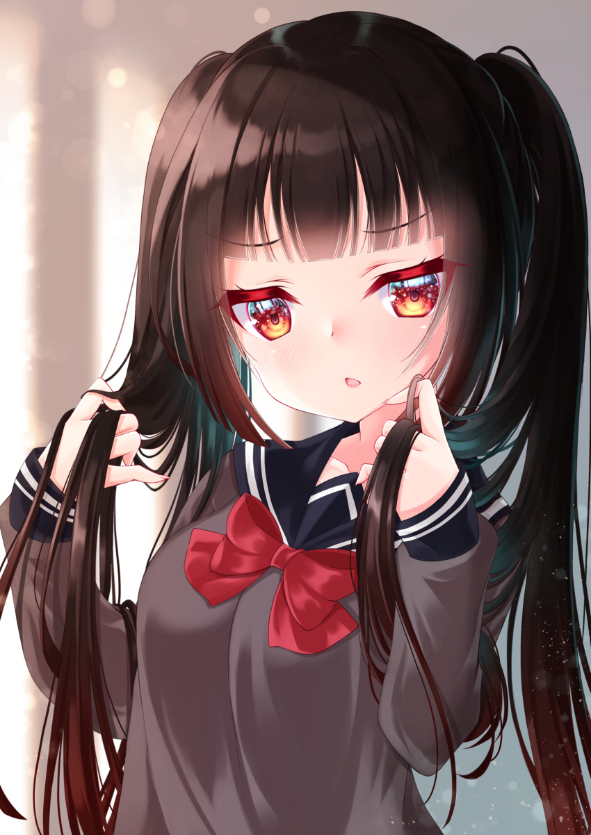 1girl bangs black_sailor_collar blush bow breasts brown_hair collarbone commentary_request eyebrows_visible_through_hair fingernails grey_shirt hands_up highres holding holding_hair long_fingernails long_hair long_sleeves looking_at_viewer medium_breasts mirai_(happy-floral) original parted_lips red_bow red_eyes sailor_collar school_uniform serafuku shirt sleeves_past_wrists solo twintails twintails_day upper_body very_long_hair