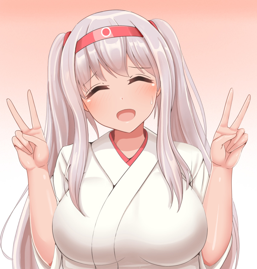 1girl alternate_hairstyle bakaroba blush breasts eyebrows_visible_through_hair gradient gradient_background hair_ornament hair_ribbon hairband headband highres japanese_clothes kantai_collection kimono large_breasts long_hair open_mouth ribbon shoukaku_(kantai_collection) silver_hair smile solo twintails twintails_day white_kimono