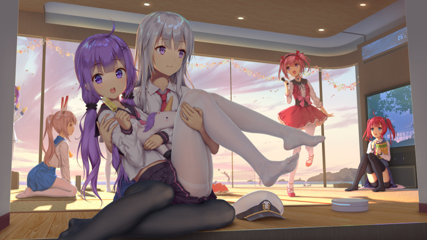 6+girls ahoge ayanami_(azur_lane) azur_lane bangs beach black_legwear blonde_hair blush bow breasts dress enterprise_(azur_lane) eyebrows_visible_through_hair grey_hair hair_between_eyes hair_bow hair_ornament hair_ribbon hairband hat headgear highres holding_another indoors long_hair looking_at_viewer multiple_girls no_shoes open_mouth pantyhose pink_hair ponytail purple_hair red_eyes ribbon saratoga_(azur_lane) shirt skirt smile thigh-highs tokinohimitsu twintails unicorn_(amusement_park_date)_(azur_lane) unicorn_(azur_lane) violet_eyes volleyball volleyball_net white_headwear white_legwear