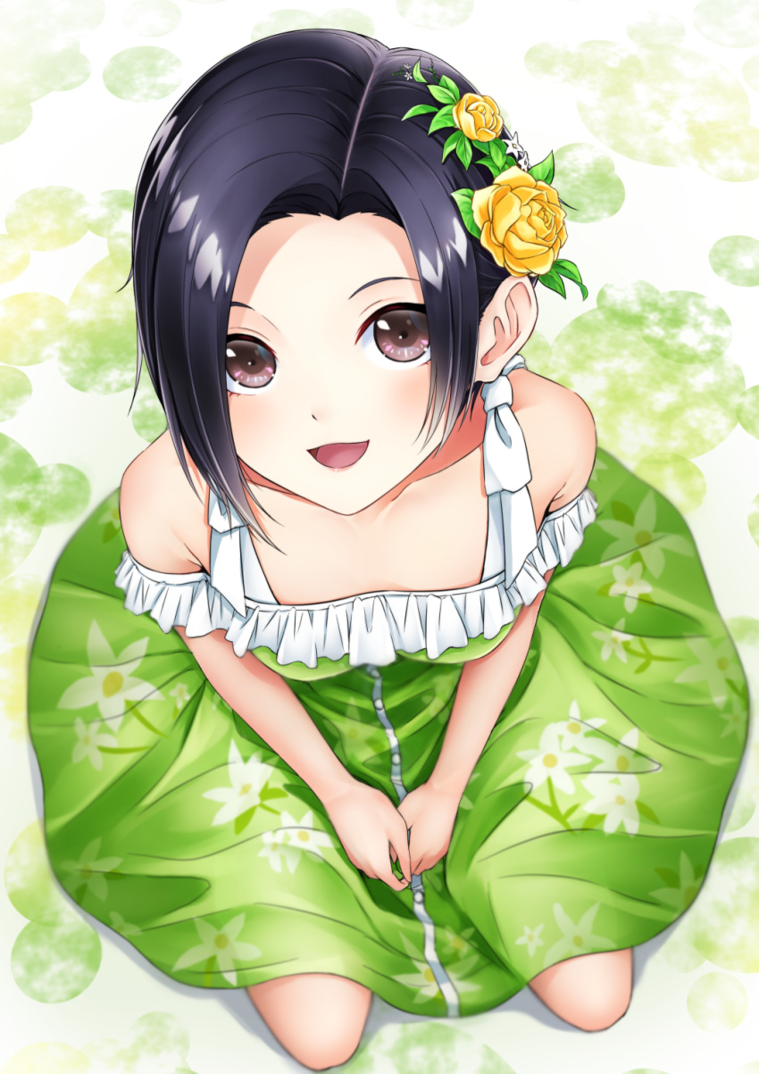 1girl :d black_hair breasts brown_eyes collarbone dress floral_print flower from_above full_body green_dress hair_flower hair_intakes hair_ornament highres kneeling kobayakawa_rinko looking_at_viewer love_plus off-shoulder_dress off_shoulder open_mouth print_dress shiny shiny_hair short_hair sleeveless sleeveless_dress small_breasts smile solo yellow_flower yumemo