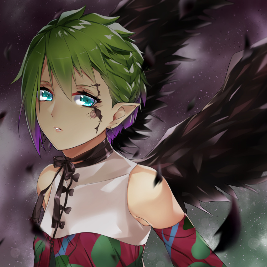 1girl asymmetrical_hair bangs black_feathers black_ribbon black_wings blue_eyes blurry_foreground braid collarbone detached_sleeves feathered_wings gradient_hair green_hair hair_between_eyes highres macross macross_delta multicolored_hair neck_ribbon parted_lips pointy_ears print_sleeves purple_hair reina_prowler ribbon shiny shiny_hair short_hair single_braid solo upper_body wings yumemo