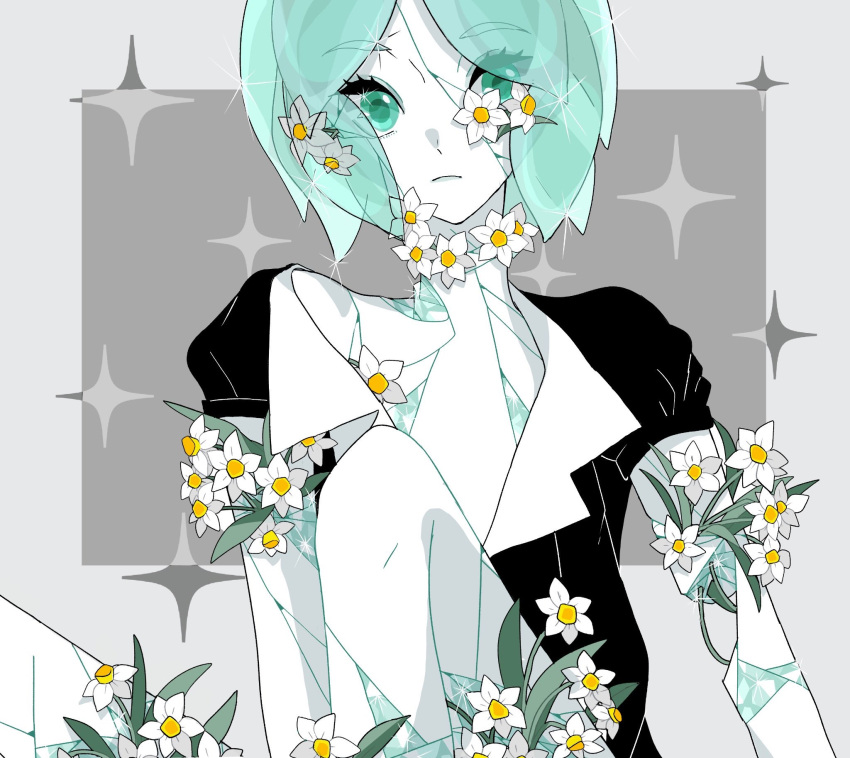 1other 8zikan_netai androgynous aqua_eyes aqua_hair bangs black_clothes blue_eyes blue_hair closed_eyes commentary_request crystal_hair damaged eyebrows_visible_through_hair eyes_visible_through_hair flower gem_uniform_(houseki_no_kuni) grey_background highres houseki_no_kuni legs looking_at_viewer open_clothes pale_skin parted_bangs phosphophyllite see-through short_hair short_sleeves simple_background sitting solo sparkle thick_eyebrows upper_body white_flower white_skin