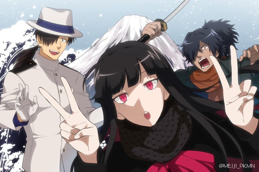 1girl 2boys angry artist_name asymmetrical_bangs bangs black_hair black_scarf blunt_bangs bow bowtie buttons collar collared_jacket fate/grand_order fate_(series) gloves hair_over_one_eye hat holding holding_sword holding_weapon jacket katana long_hair long_sleeves looking_at_viewer meiji_ken mountain multiple_boys okada_izou_(fate) open_mouth orange_scarf oryou_(fate) outdoors ponytail red_bow red_eyes sakamoto_ryouma_(fate) scarf snow snowing straight_hair sword teeth upper_body v weapon white_gloves white_headwear white_jacket winter